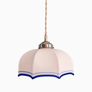 Lámpara colgante Art Déco de vidrio azul opalino blanco festoneado, años 30
