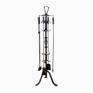 Large Hammered Wrought Iron Fireplace Set, Set of 5