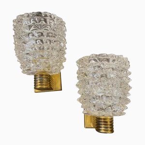 Art Deco Style Brass and Rostrato Murano Glass Wall Sconces in the style of Barovier, 2000s, Set of 2