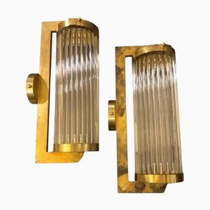 Mid-Century Modern Brass and Glass Wall Sconces in the style of Sciolari, Italy, 1980s, Set of 2