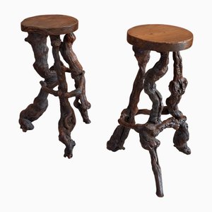 French Brutalist Vine Wood Bar Stools, 1960s, Set of 2