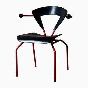 Italian Modern Black and Red Wood Desk Chair, 1970s