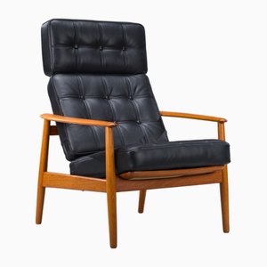 Armchair with Model FD 164 Frame by Arne Vodders and Model 118 Armrests by Grete Jalks in Teak and Black Leather, Denmark, 1960s