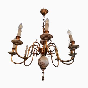 Vintage Eight-Light Brass and Ceramic Chandelier, 1950s