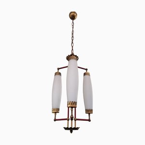 Brass and Opaline Glass Chandelier, 1950s