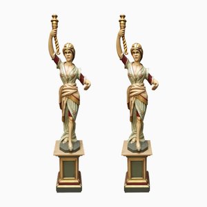 Polychrome Statues of Women with Torches, 1990s, Wood, Set of 2