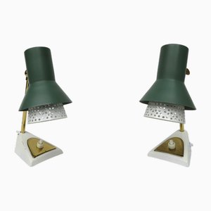 Brass, Green and White Bedside Lamps in the style of Matégot, 1950s, Set of 2