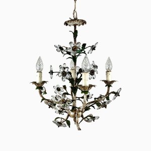 Antique Italian Florentine Blooming Garden Chandelier in Crystal and Metal, 1930s