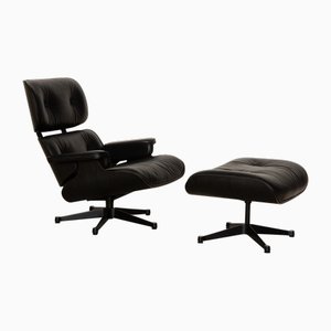 Fauteuil et Ottomane en Cuir Noir par Charles & Ray Eames pour Vitra