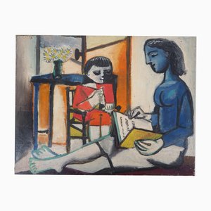Carlos Carnero, Homenaje a Picasso: mujer y niño leyendo, óleo sobre lienzo