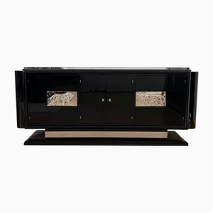 Schwarz Lackiertes Art Deco Sideboard mit Bar und verchromten Löwenapplikationen, Frankreich, 1930er