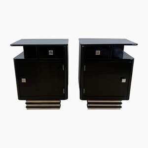 Art Deco Bedside Cabinets in Black Lacquer & Chrome, France, 1930, Set of 2