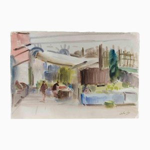 Aquarelle, Carlo Ravagnan, Market in Venice, 1970s