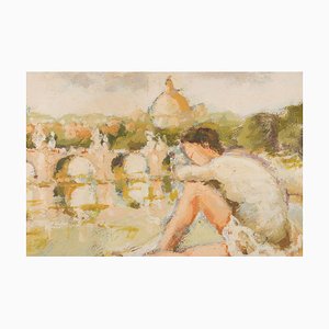 Franco Marzilli, Ballerina with View of Rome, Oil Painting, 1970s