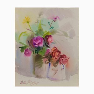 Carlo Ravagnan, Still Life with Vases of Flowers, Aquarelle, 1972