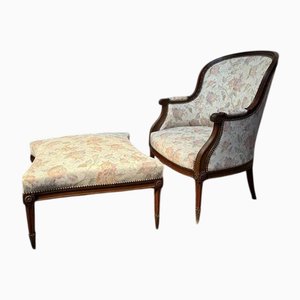 Set of Louis XVI Gondola Armchair and Ottoman in Mahogany