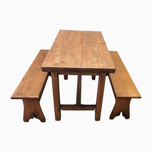 French Country Elm Farmhouse Table and Bench Set, 1950, Set of 3
