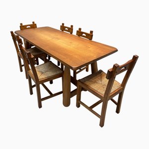 Table de Salle à Manger Brutaliste en Chêne avec Chaises, Set de 7