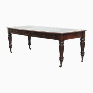 Long Antique English Partner Desk with Blue Leather Top, Mid-19th Century