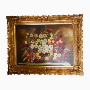 Victorian Revival Artist, Floral Composition, Large Oil Painting, Framed