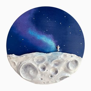 Vera Vizzi, Galaxy Art Celestial Wall Sculpture con figura di astronauta su rilievo lunare, 2025, Tecnica mista