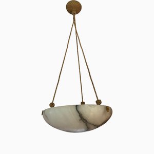 Swedish Modern Alabaster Ceiling Pendant with Brass Details, 1940s