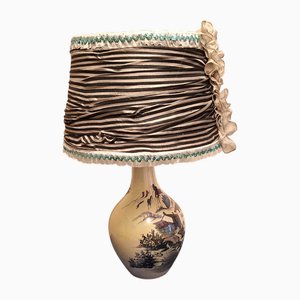Italian Underglazed Hand-Painted Ceramic Table Lamp with Handmade Fabric Shade, 1970s