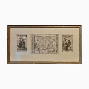 Framed Costume Prints with Map of Spain and Portugal, 1720, Set of 2