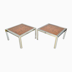 Large Italian Hollywood Regency Side Tables in Chrome, Brass and Burr Elm, 1970s, Set of 2