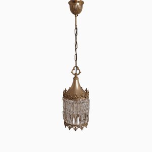 Vintage Brass Metal and Crystal Glass Ceiling Lamp, 1970s