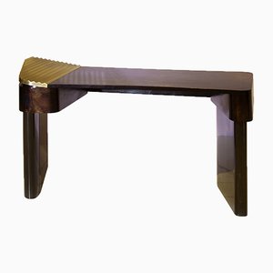 Polished Brass and Wood Veneer Moon Desk by Privatiselectionem