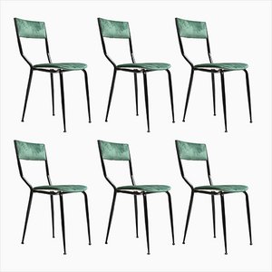 Vintage Chairs in Black Iron Structure with Backrest and Forest Green Velvet Seat, 1960s, Set of 6