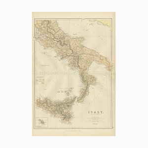 Original Antique Map of the South Part of Italy with an Inset of Malta, 1882