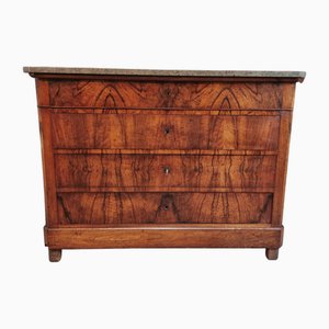 Cajonera francesa Louis Philippe antigua de nogal con tablero de mármol gris y marrón, siglo XIX