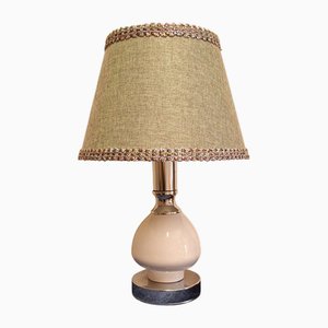 Vintage Table Lamp with White Porcelain Base, Chrome-Plated Metal Mount and Handmade Fabric Shade, 1970s