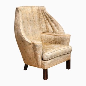 Danish Cabinetmaker Barrel Back Armchair in Floral Damask, 1920s