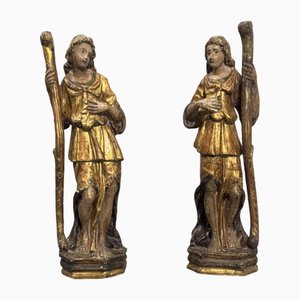 Gilded Wooden Candleholders with Traces of Polychromy, 1600, Set of 2