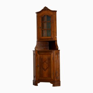 Italian Two-Part Corner Cabinet in Walnut with Glazed Upper Section, 1930s