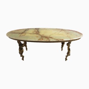 Mid-Century Modern Brass Coffee Table with Oval Onyx Top and Cherub Base, 1950s
