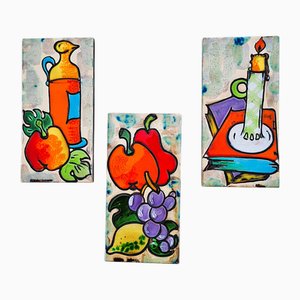 Hand-Painted Ceramic Tiles from Vallauris, 1980, Set of 3