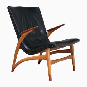Armchair in Black Leather, Oak & Teak by Arne Hovmand Olsen for J.L. Møllers, Denmark, 1952