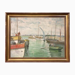 René Bezaud, Leaving the Port, 1930s, Oil on Canvas, Framed