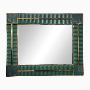 Espejo de pared de latón y cristal de Murano verde, años 70