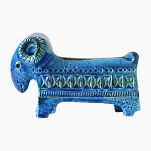 Statuetta Ram Rimini in ceramica blu di Aldo Londi per Bitossi, anni '60