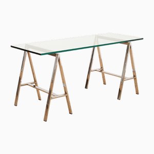 Desk or Console in Chrome-Plated Metal with Crystal Glass Top, 1960s-1970s