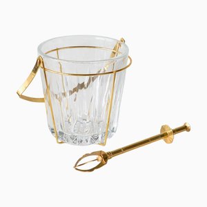 Mid-Century Modern Ice Bucket and Tong in Crystal and Brass, 1940s, Set of 2