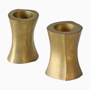 Mid-Century Modern Brutalist Candleholders in Patinated Brass, 1970s, Set of 2