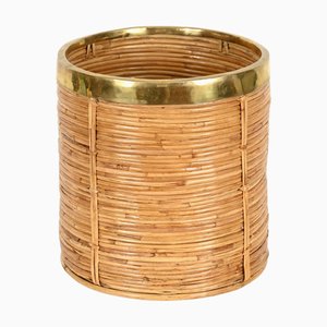 Italian Decorative Basket or Cachepot in Rattan and Brass, 1970s