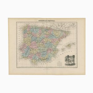 Antique Map of Spain and Portugal by Migeon, 1880