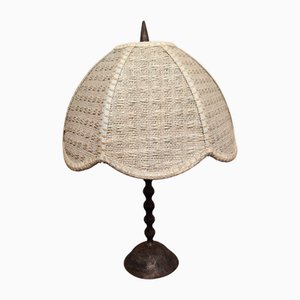 Mid-Century Rustic Wrought Iron Table Lamp with Mint-Beige Fabric Shade, 1950s